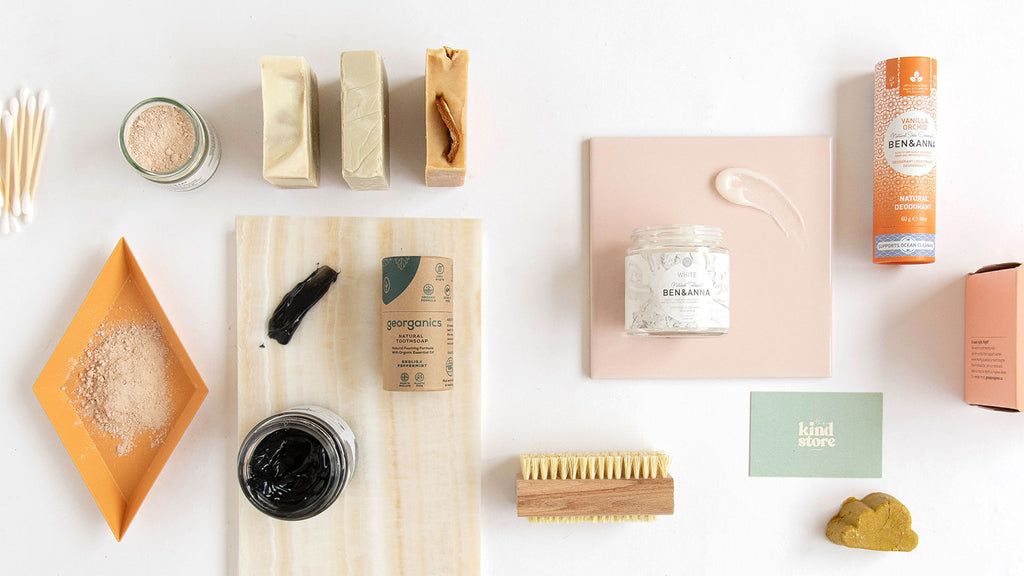 eco friendly subscription flatlay of essential toiletries.