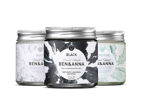 ben and anna toothpaste collection in glass jars.