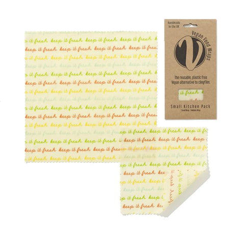 Two Vegan Food Wraps Small with 'keep it fresh' multi coloured writing on.
