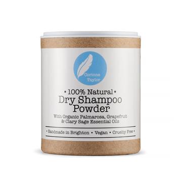 organic dry shampoo powder in cardboard tube.