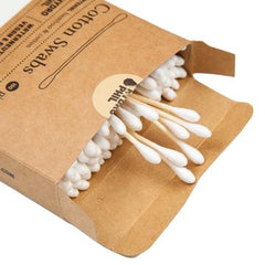 100 bamboo and organic cotton swabs in a recyclable cardboard box.