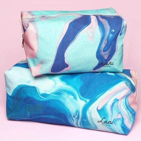marble blue and pink print on large and small wash bags.