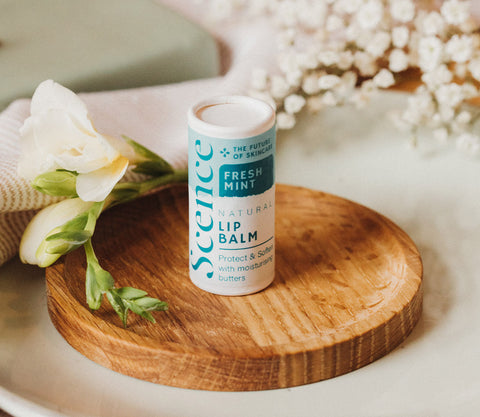 scence natural vegan lip balm on wooden dish with flower.
