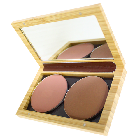 refillable bamboo make up palette with two compact powders in it.