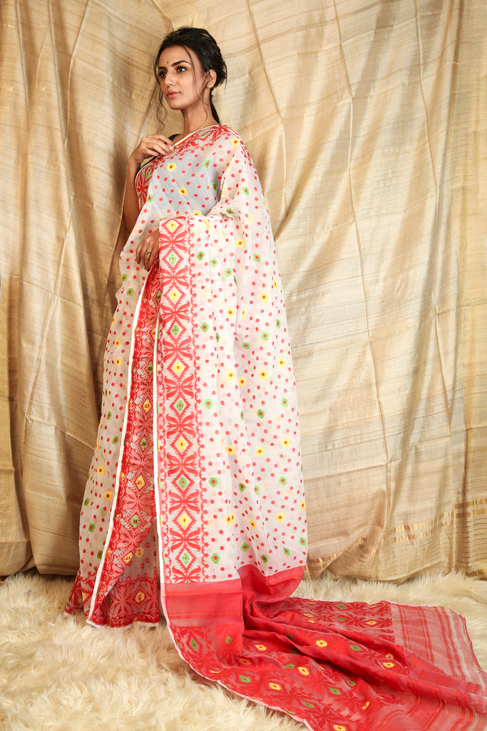 White Jamdani Saree With All Over Diamond Motif Design Charukriti 