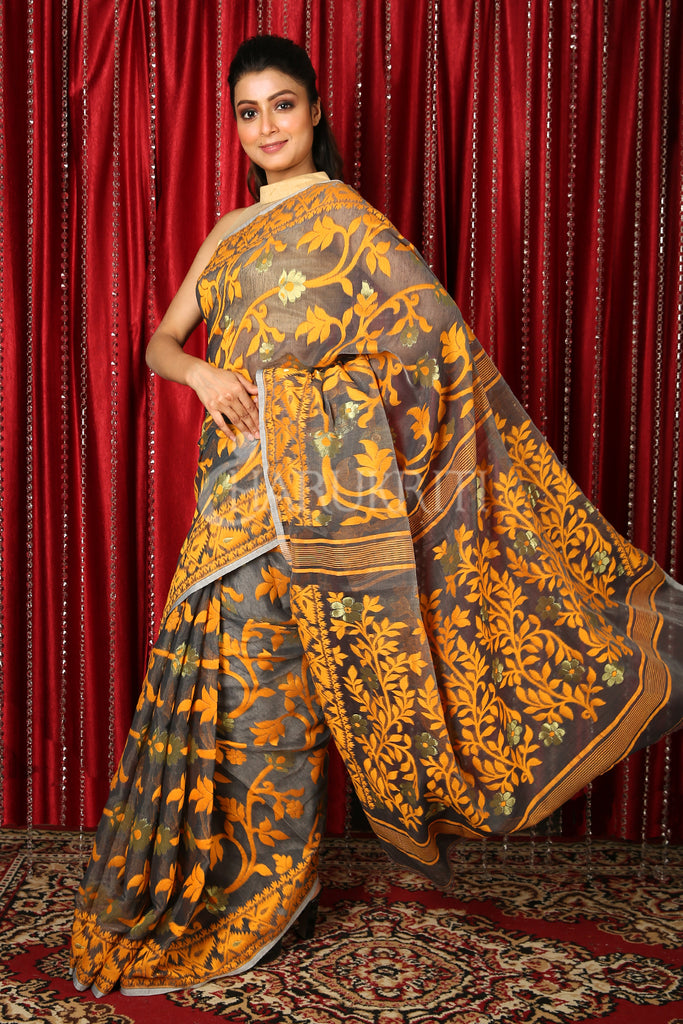 Grey Jamdani Saree With Yellow Thread Weaving freeshipping - Charukriti