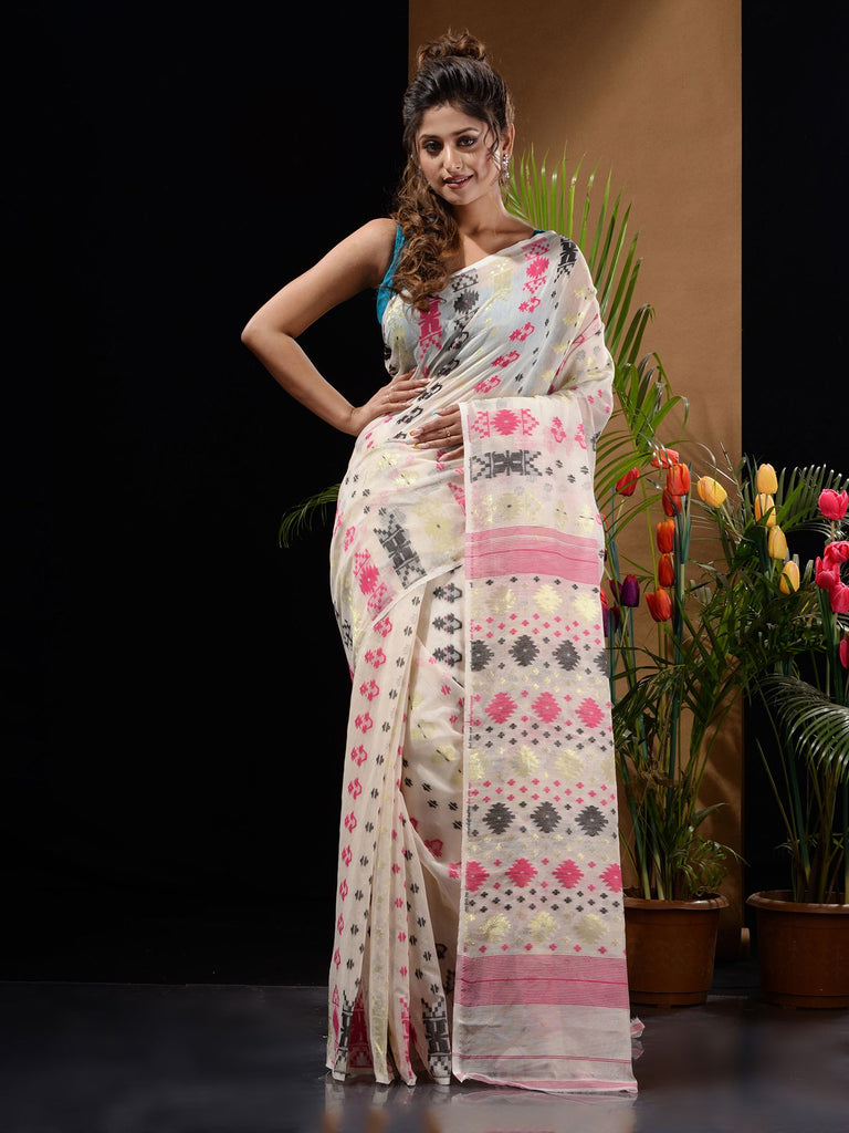 Lilly Off White Handwoven Cotton Jamdani Saree Paired with a hi-neck B