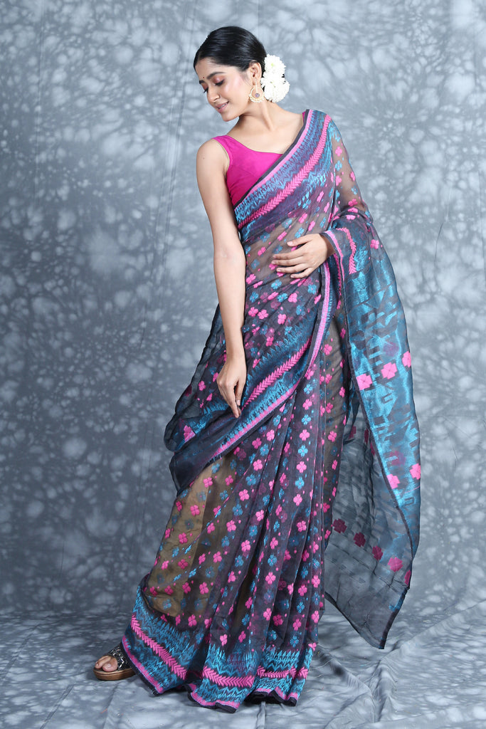 Blue Copper Jori Dhakai Jamdani Saree - Fulia Mart