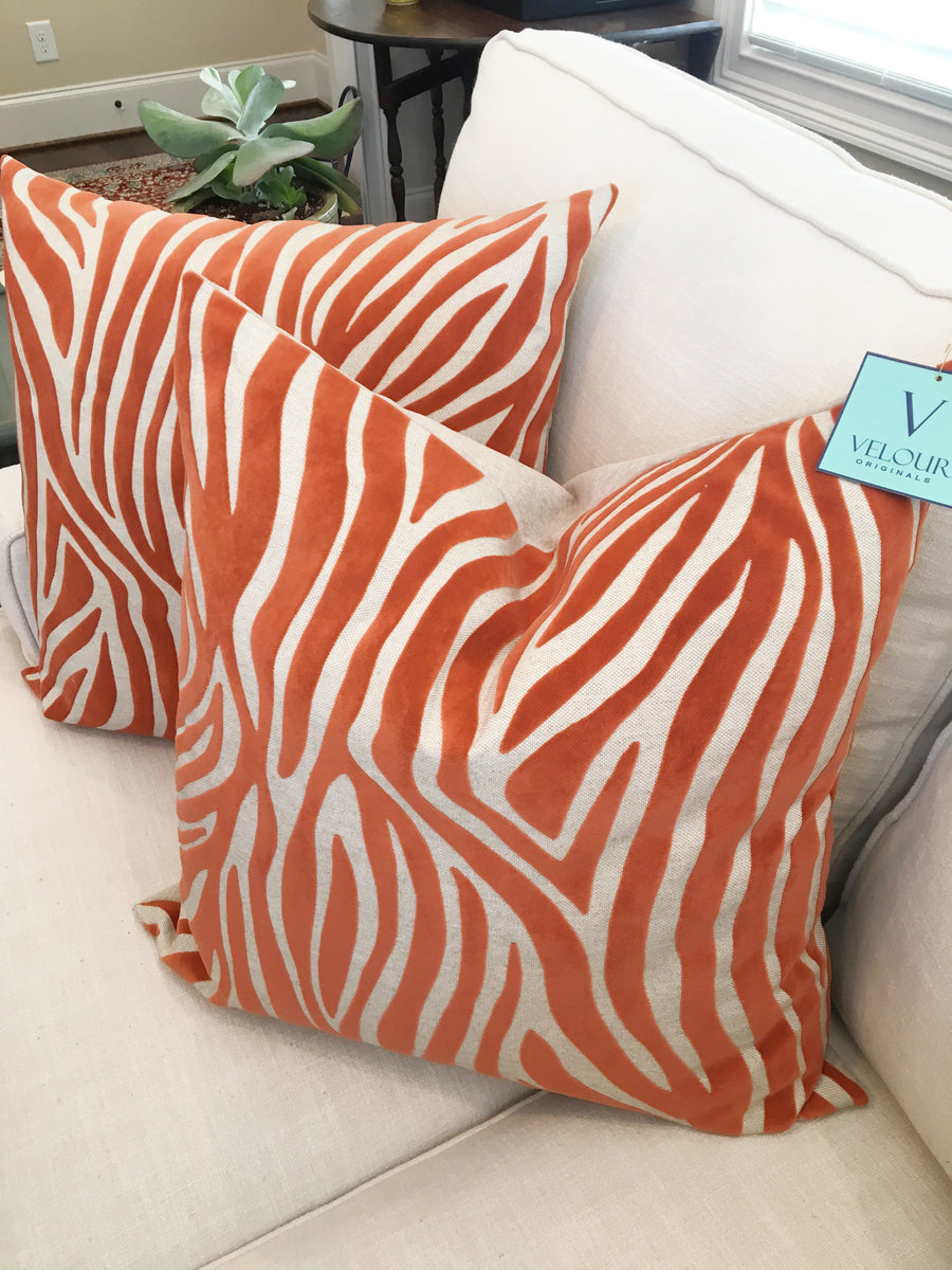 Orange Zebra  Cut Velvet  Pillow  Set 22 x22 Velour Originals