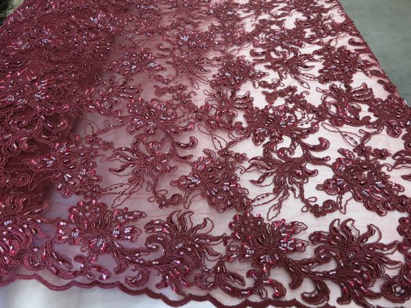 burgundy beaded lace fabric