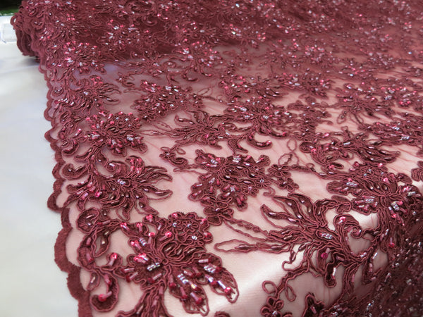 burgundy beaded lace fabric