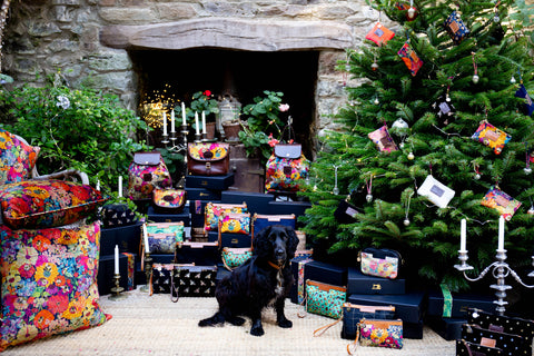 Bumble  at Christmas photoshoot with will bees bespoke bags