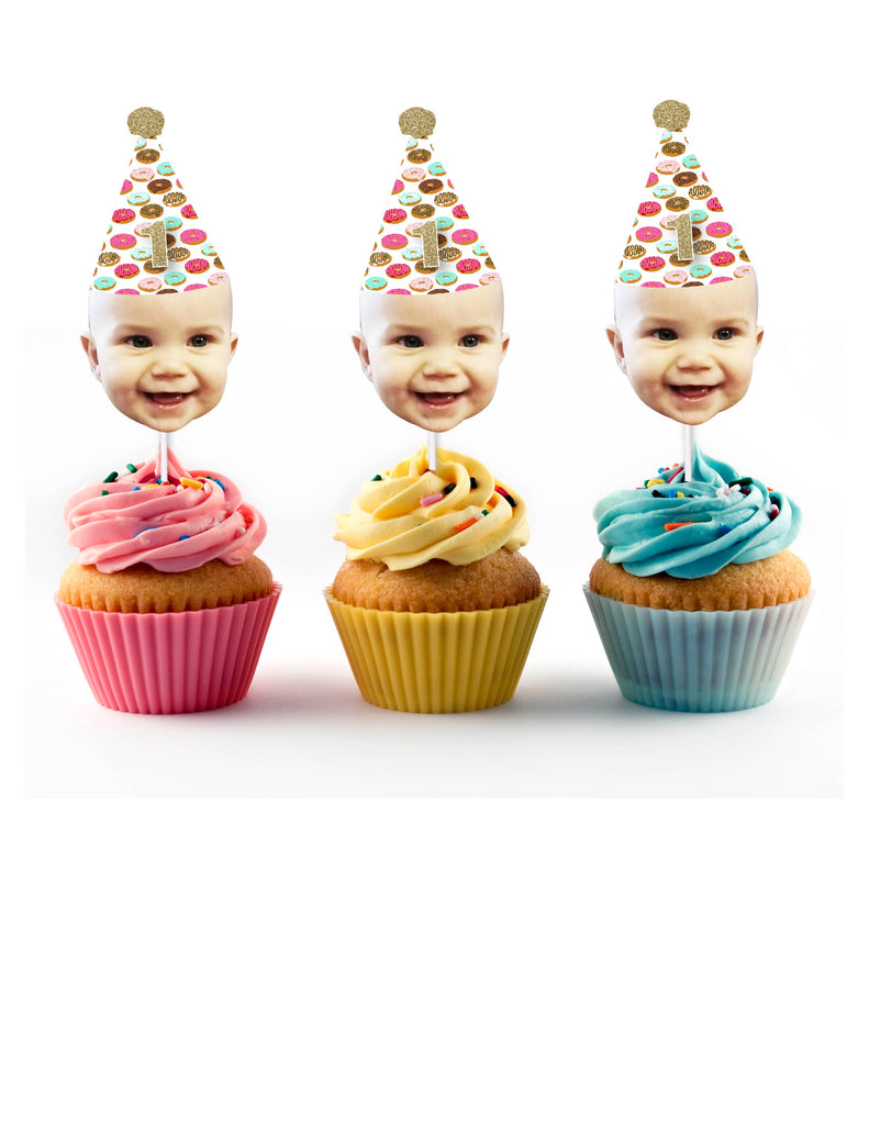 Cupcake Toppers with Face and Sprinkles Party Hat (12 count