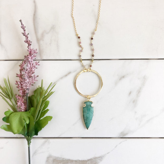 Long Amazonite Arrowhead and Ring Necklace in Gold. Long Boho Necklace. Gold Arrow Necklace.