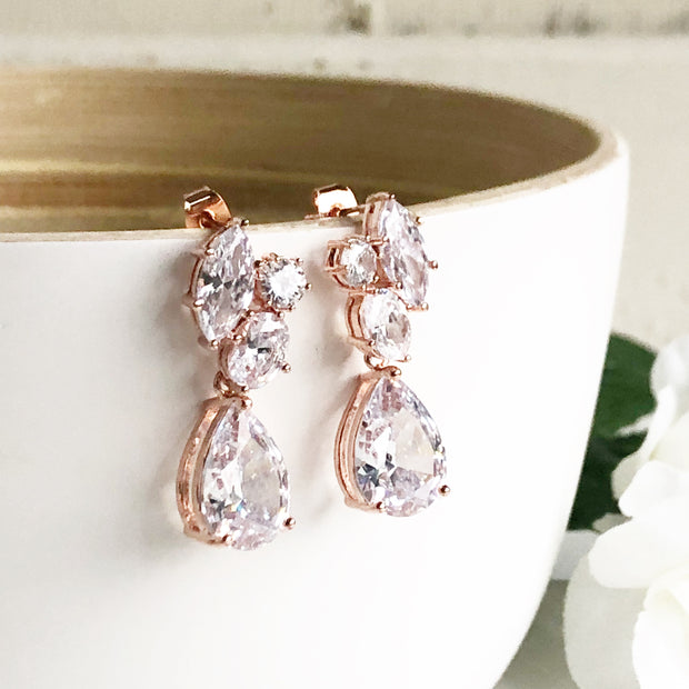 Rose gold post bridal earrings 