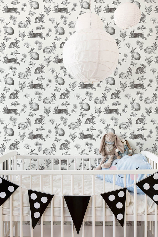 At4263 Bunny Toile Wallpaper Black White Us Wall Decor - bunny girls nursery wallpaper decal roblox