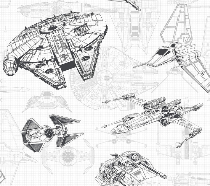 DY0304 Disney Kids Star Wars Ship Schematic Wallpaper - White/Black