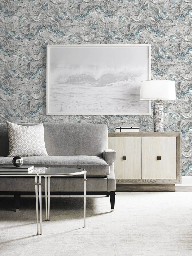 Lillian August Faux Marble Peel & Stick Wallpaper - Lunar Rock Blue