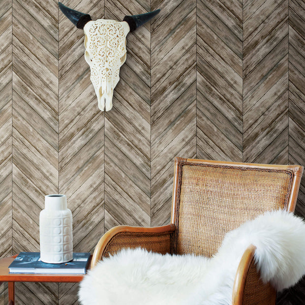 RMK11455WP Herringbone Wood Boards Peel and Stick Wallpaper Brown – US