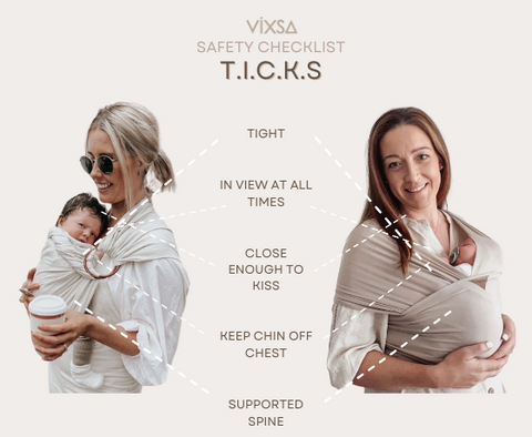 Baby in Wrap Carrier and Ring Sling showing the TICKS rule for safe baby-wearing