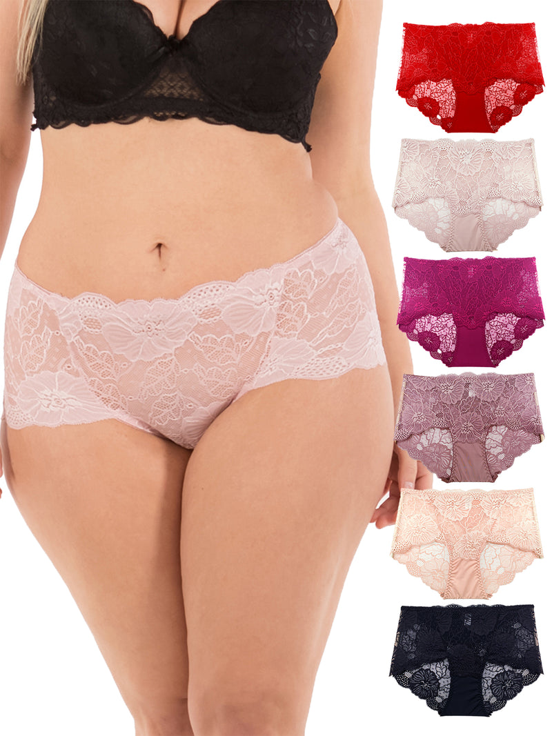 Plus Size Solid Caged Side Floral Lace Boyshort Panty - Magenta