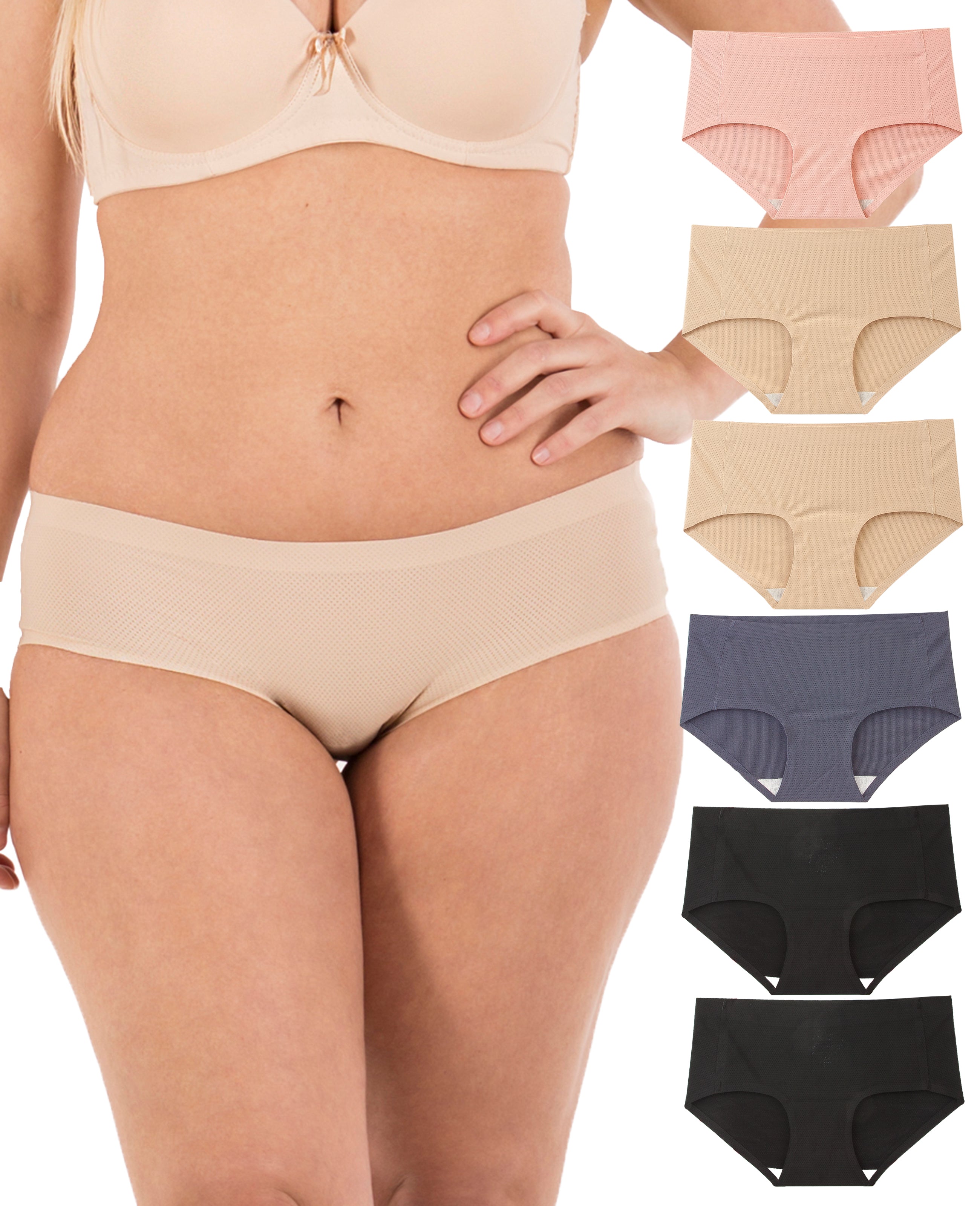 Womens Nylon Spandex Bikini Underwear Seamless No Show Panties Soft Briefs  Stretch Hipster Underwear Plus size Pack 6