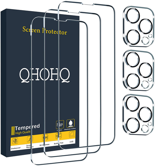 QHOHQ 3 Pack Screen Protector Compatible for iPhone 13 Pro 6.1 Inch with 3 Pack Camera Lens Protector, Ultra HD Full Screen Tempered Glass, 9H Hardness, Scratch Resistant, Easy Install - Case Friendly
