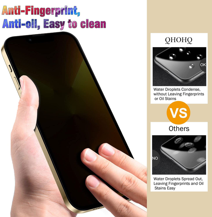 QHOHQ 2 Pack Privacy Screen Protector for iPhone 13 Pro 6.1" with 2 Packs Camera Lens Protector, Full Screen Tempered Glass Film,9H Hardness Anti-Scratch, Anti Spy, Easy to install - Case Friendly