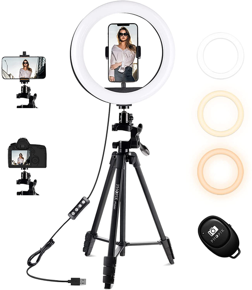 PHOPIK 10'' Ring Light with Tripod Stand: Extendable Tripod Stand with Phone Holder for Live Stream|Makeup|YouTube Video|TikTok&Compatible with All Phones
