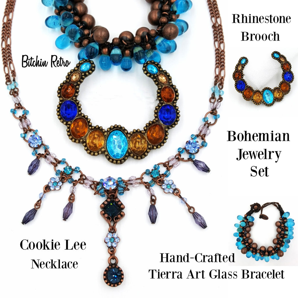 Cookie Lee Rhinestone Necklace with Tierra Art Glass Bracelet and Pin |  Bitchin Retro