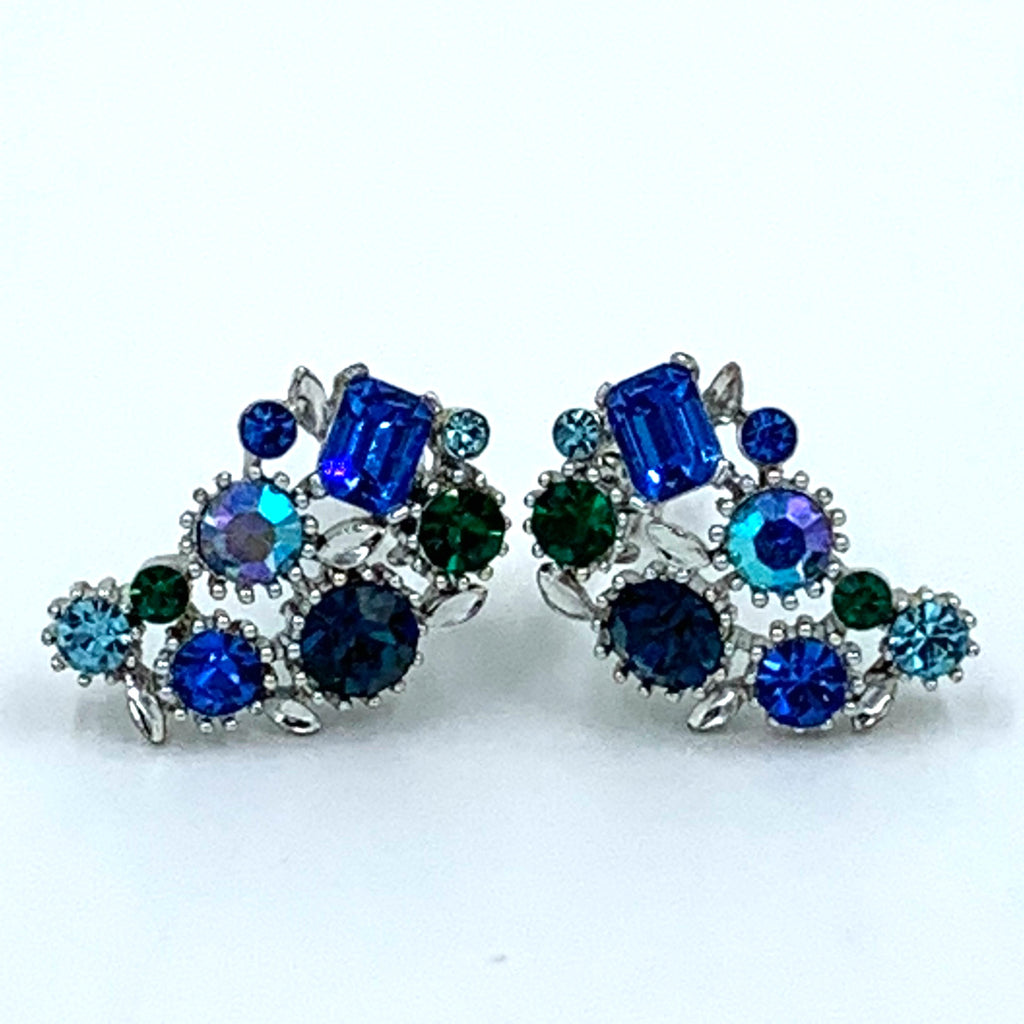 Lisner Vintage Rhinestone Earrings in Peacock Blues and Greens ...