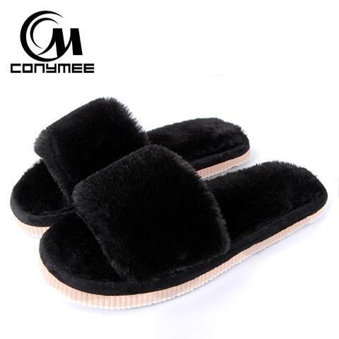 black fur slippers