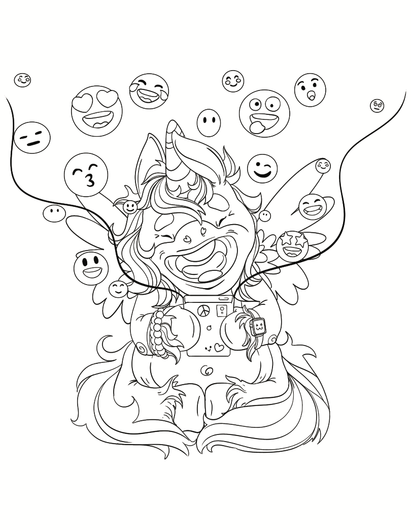 Unicorn With Emoticons Free Coloring page