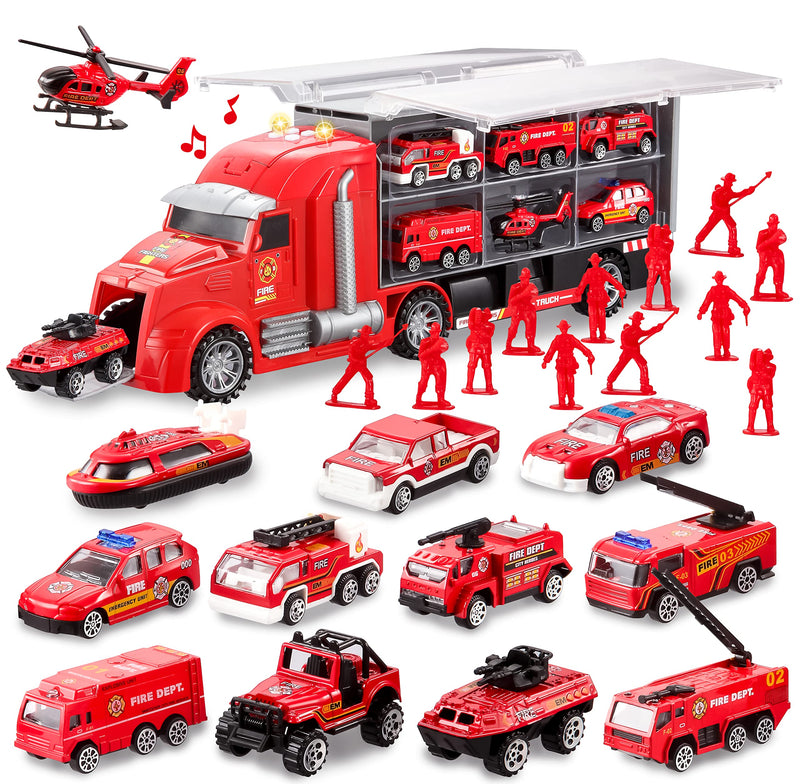 Fire Rescue Carrier Truck With 12 Diecast Vehicles & 12 Figures, 25 Pcs ...