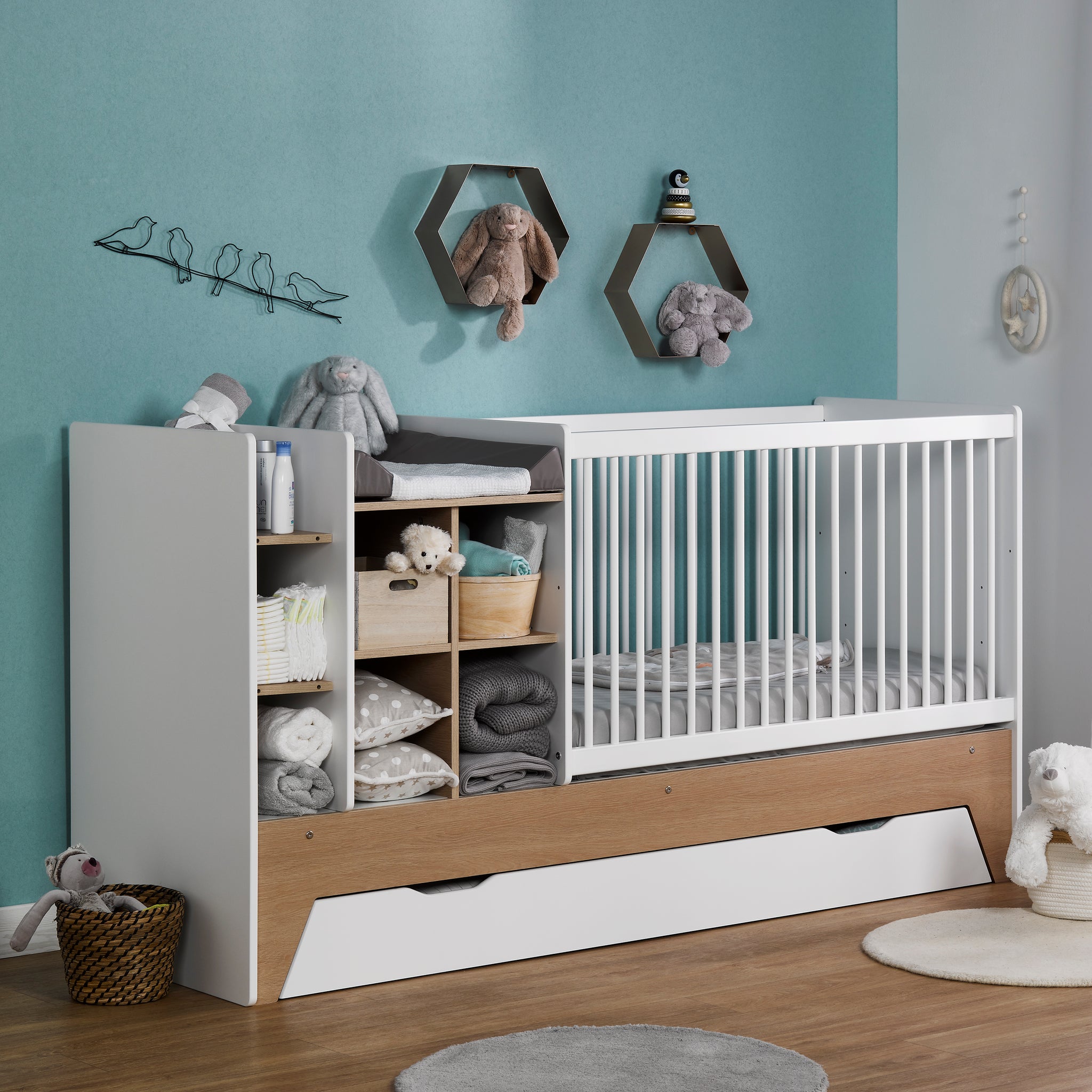 Lit Bebe Combine Evolutif Blanc Et Bois Avec Matelas Ecrin Bellystar