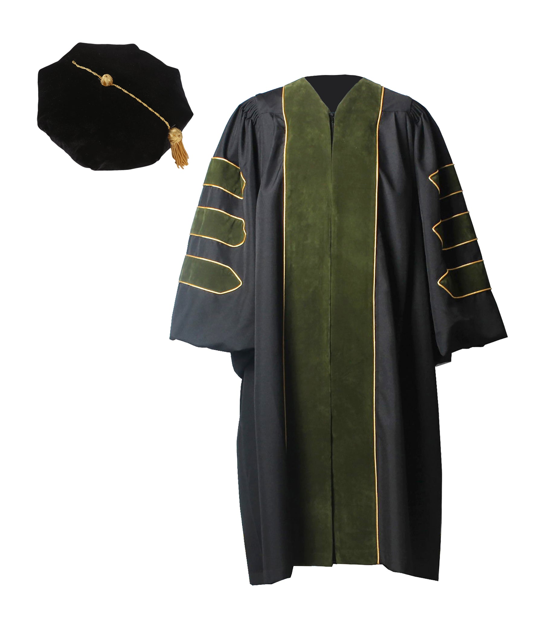 Deluxe Forest Geen Doctoral Graduation Gown with Gold Piping & Doctora ...