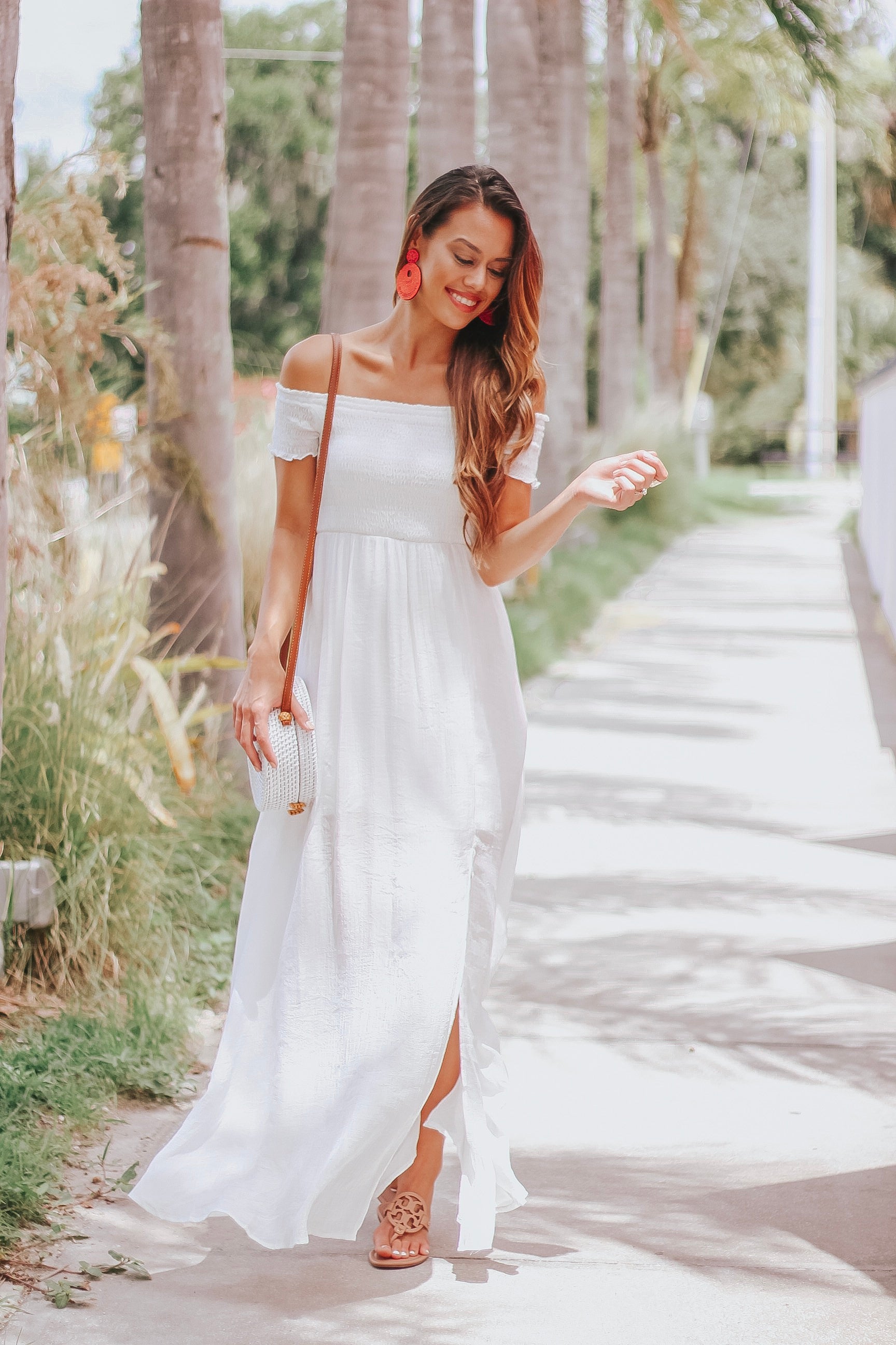 white flowy off the shoulder dress