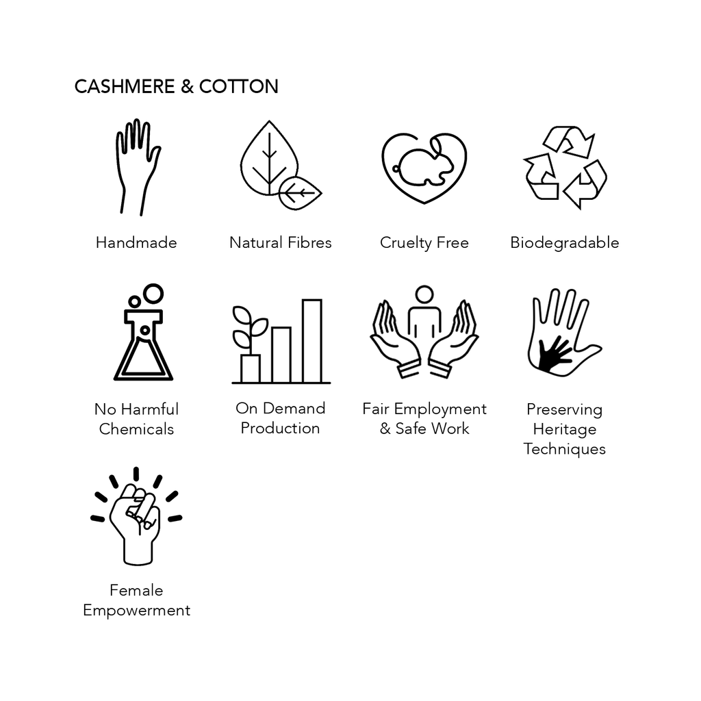 Cashmere & Cotton Eco Credentials; handmade, natural fibres, cruelty free, biodegradable, no harmful chemicals, on demand production, fair employment and safe work, preserving heritage techniques and female empowerment