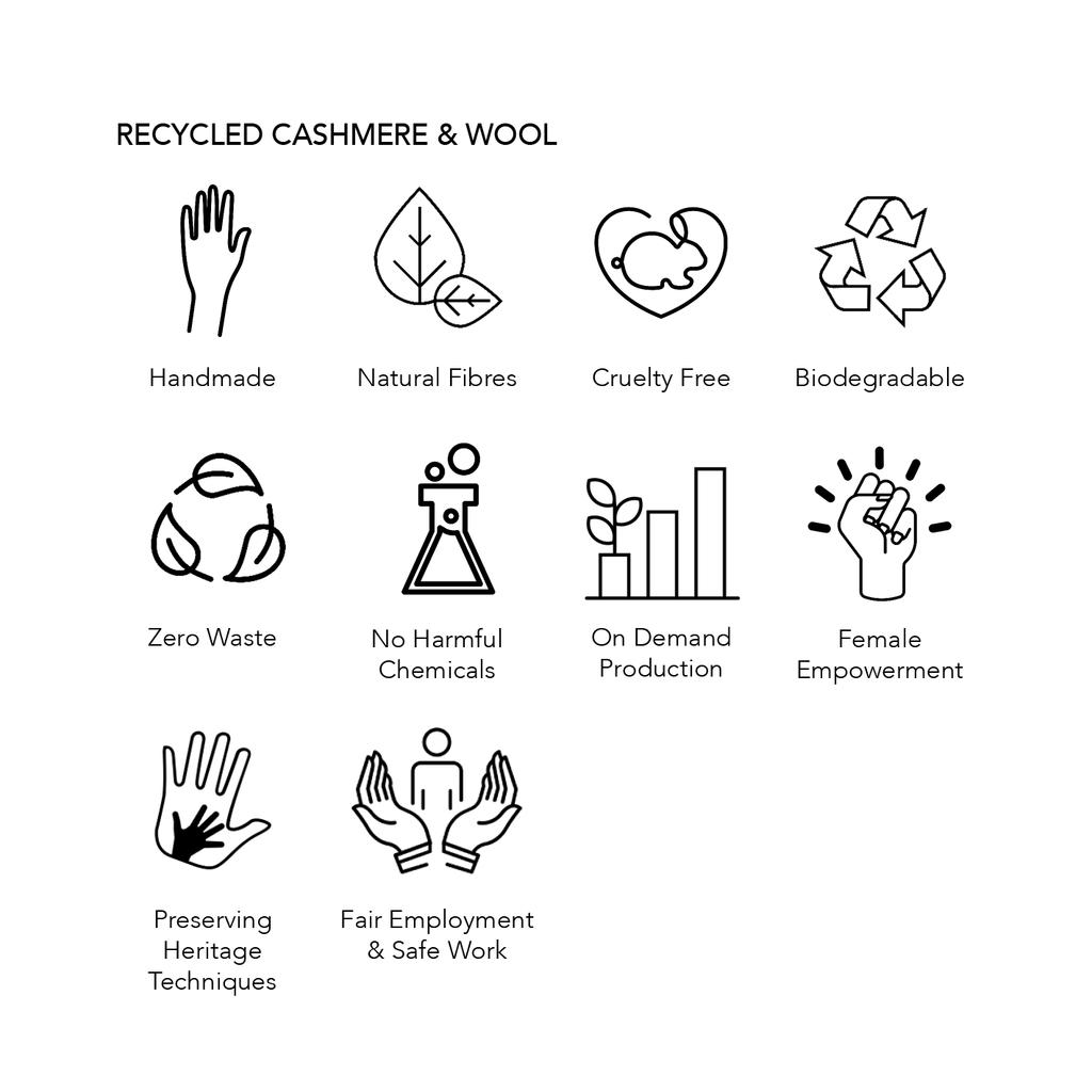 Recycled Cashmere & Wool Eco Credentials; handmade, natural fibres, cruelty free, biodegradable, zero waste, no harmful chemicals, on demand production, female empowerment, preserving heritage techniques, fair employment and safe work