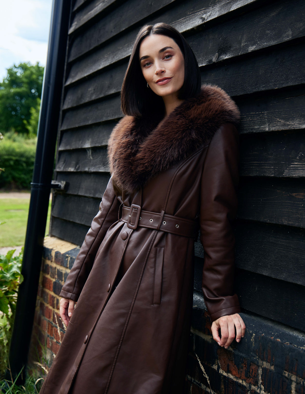 Longline Leather Look Faux Fur Coat 