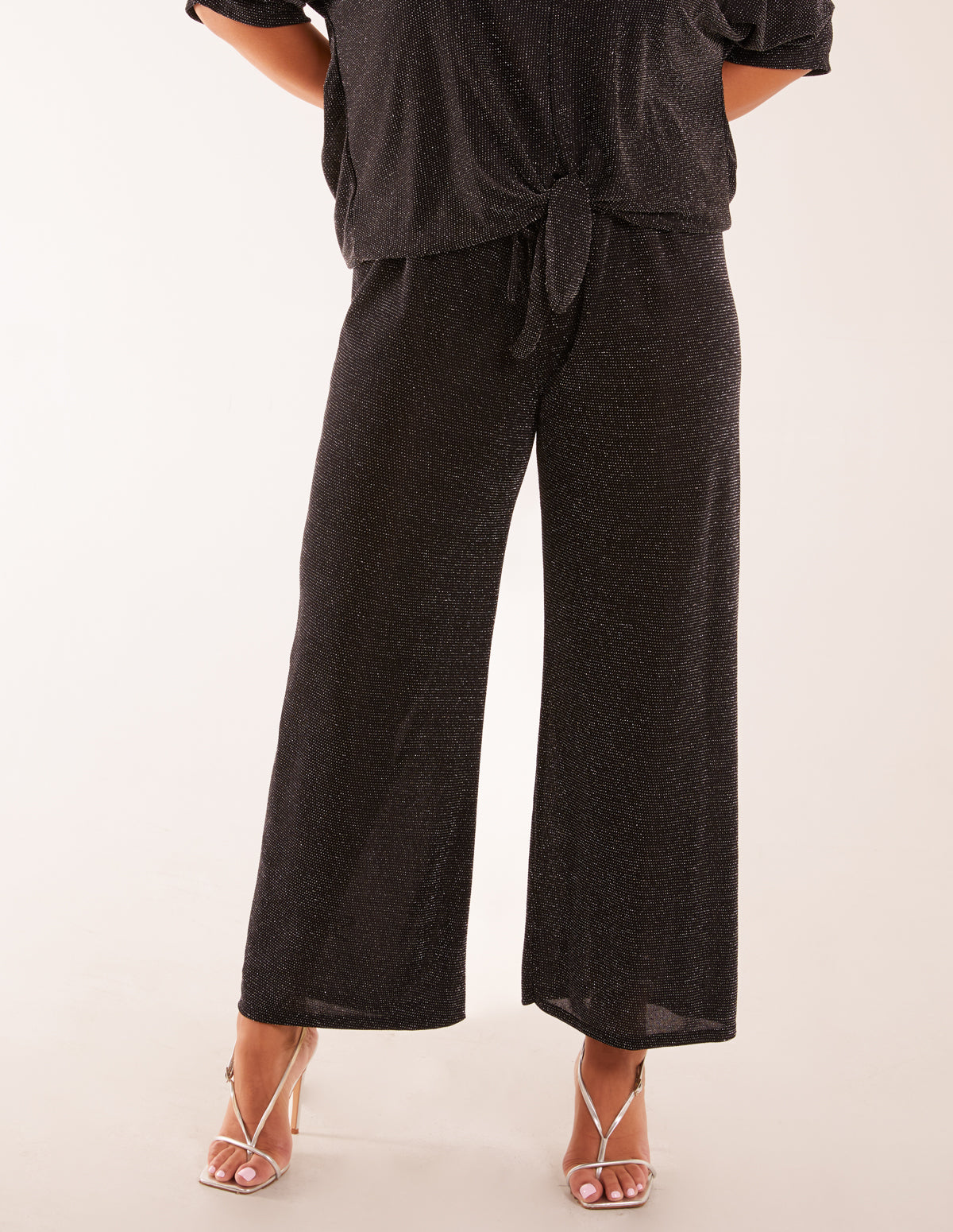 Sparkly Elasticated Waist Wide Leg Trousers - S/M / BLACK/SILVER