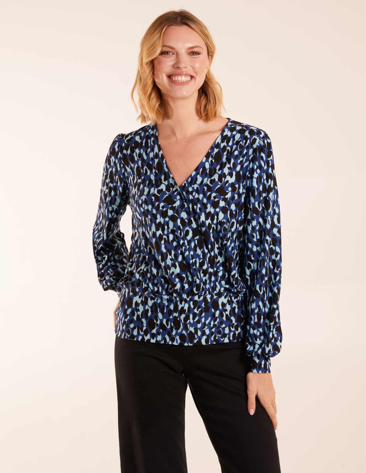 Leopard Print Wrap Front Geometric Deep Hem Band Top 