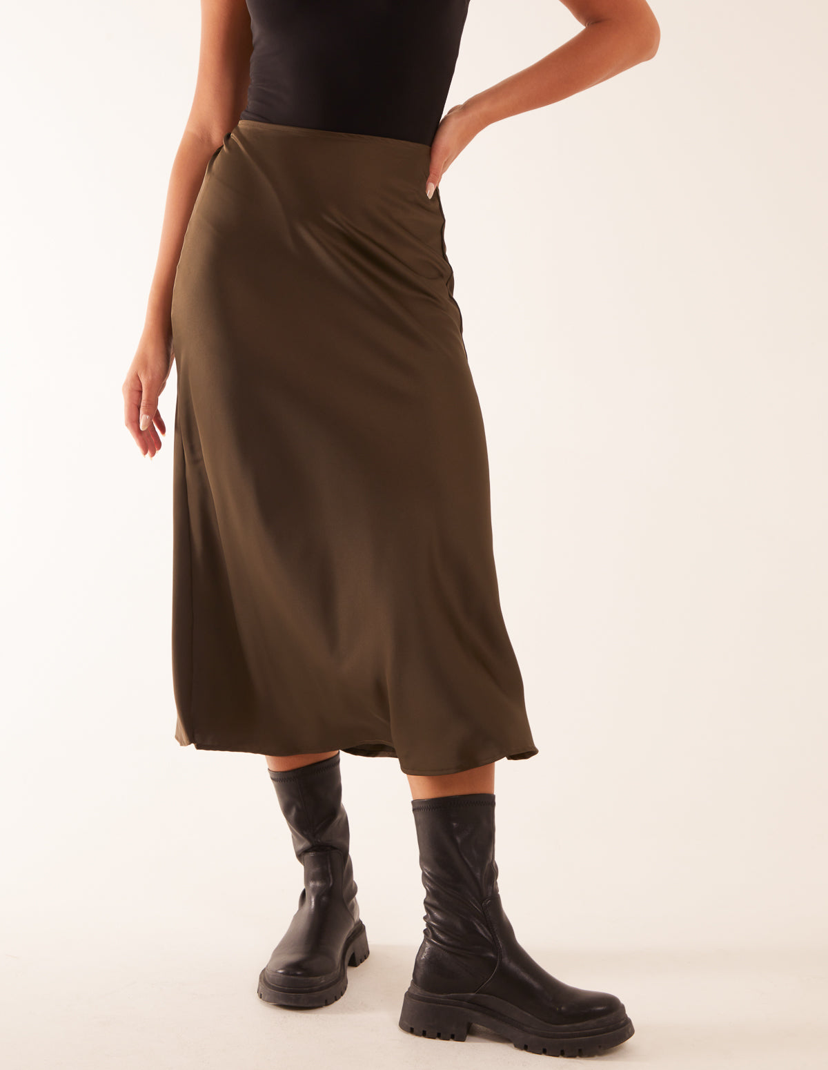 Satin Bias Midi Skirt - 16 / KHAKI