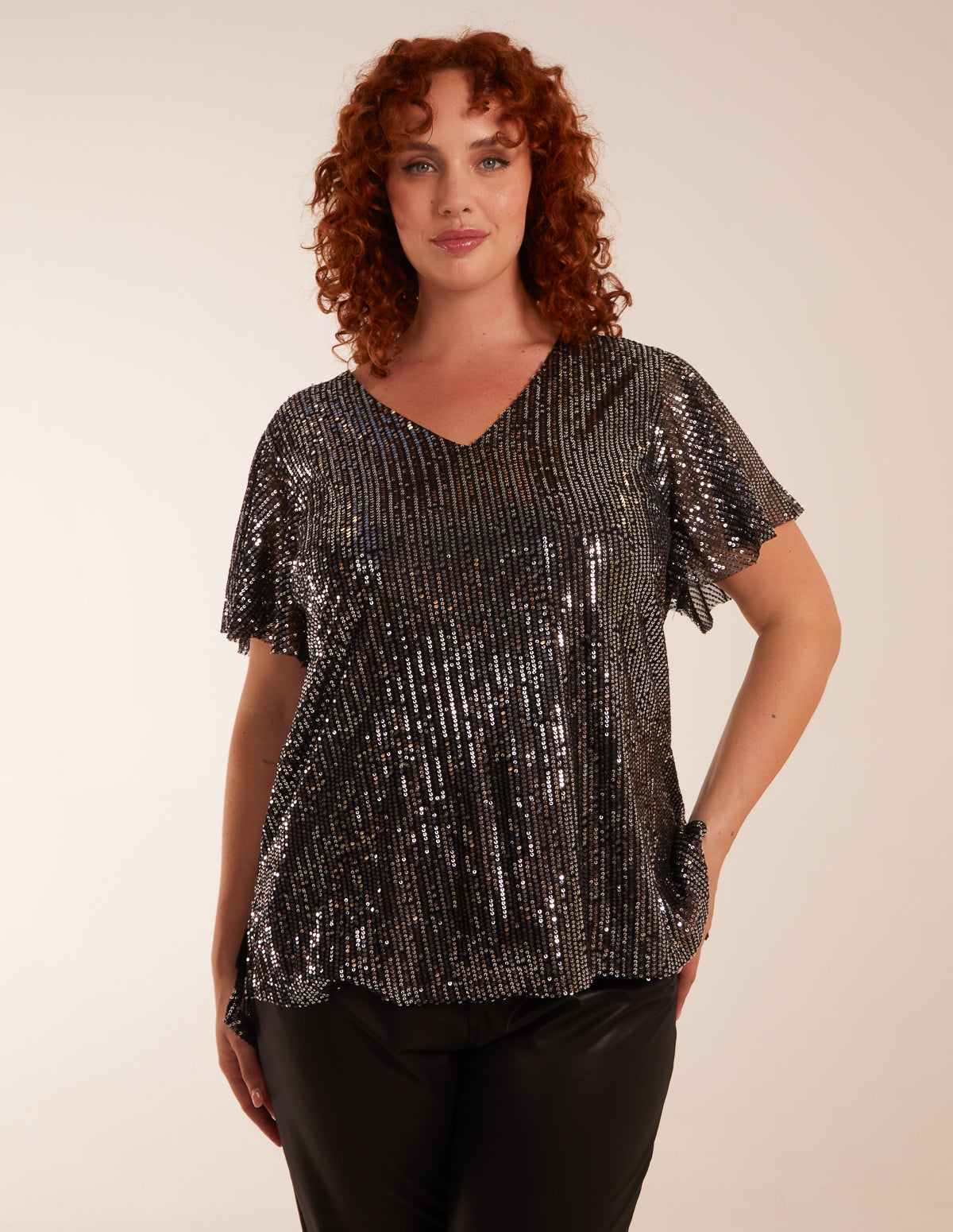 Curve Angel Sleeve V-Neck Sequin Top - 22