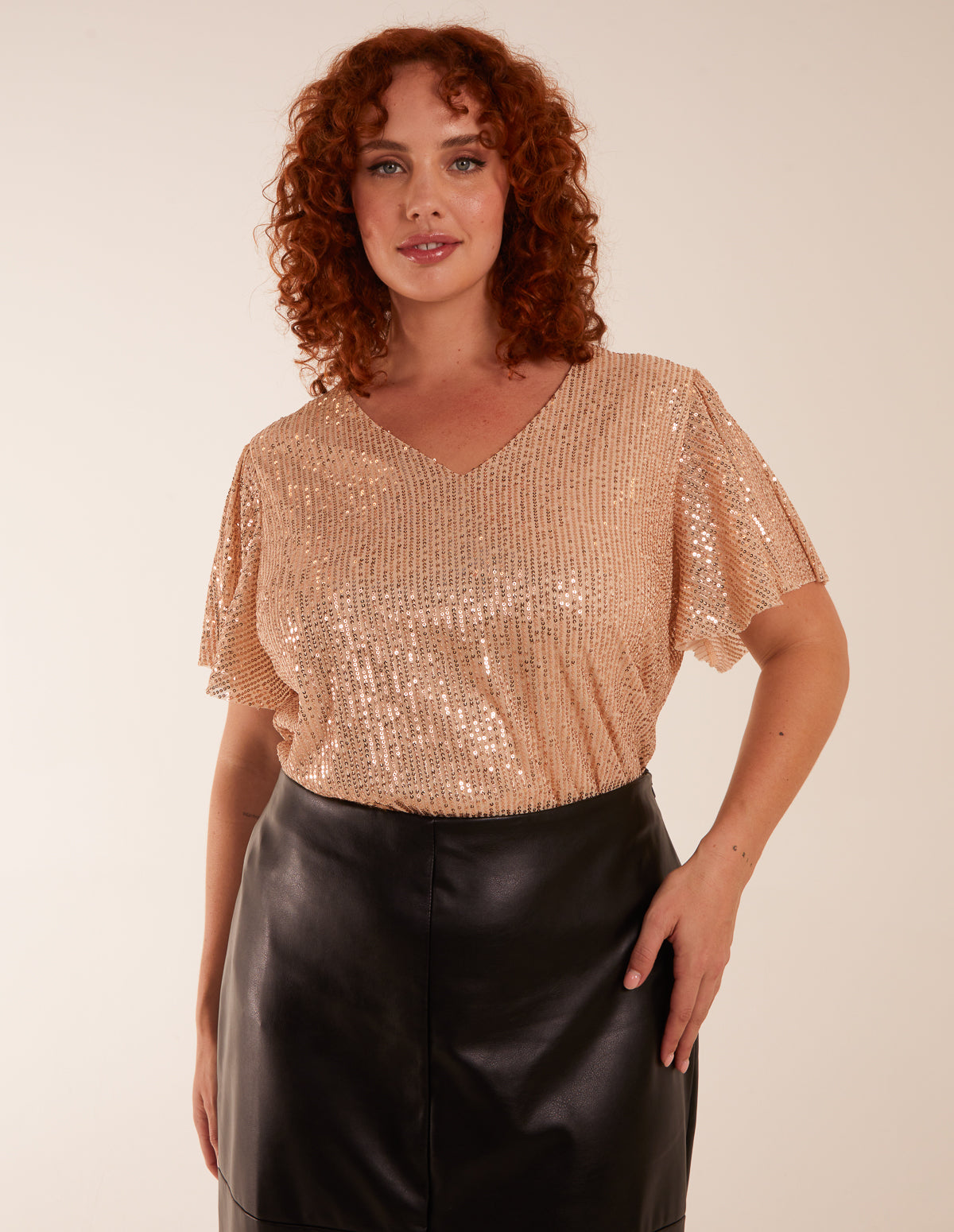 Curve Angel Sleeve V-Neck Sequin Top - 18