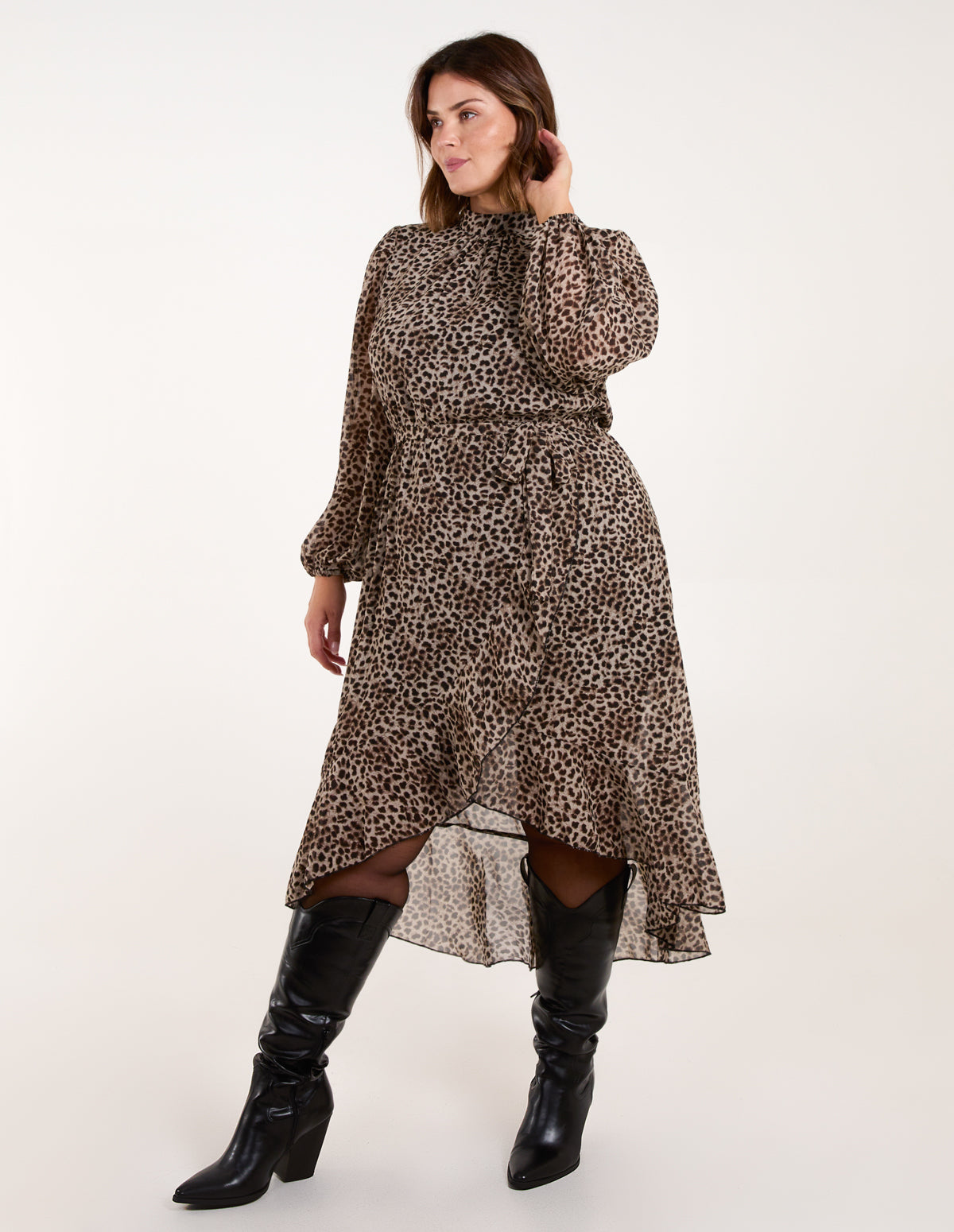 Curve Leopard Print High Neck Wrap Midi Dress 