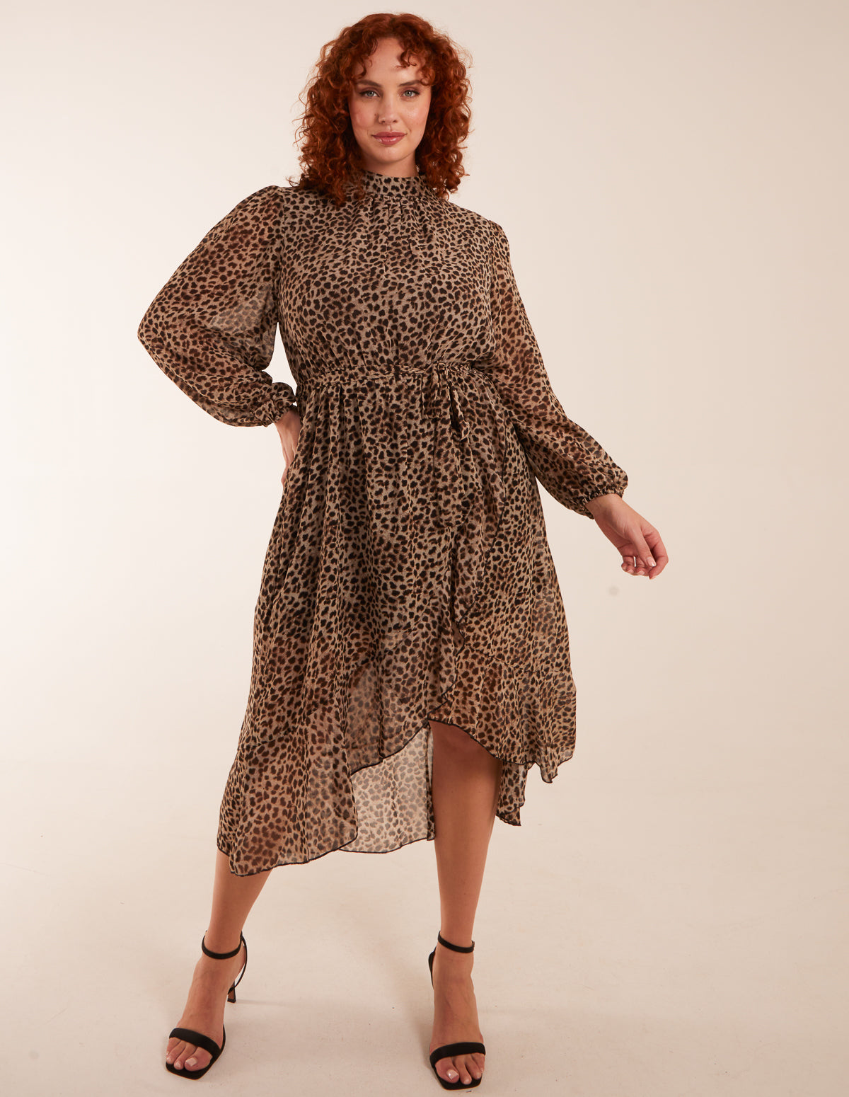 Curve Leopard Print High Neck Wrap Midi Dress - 24 / Tan