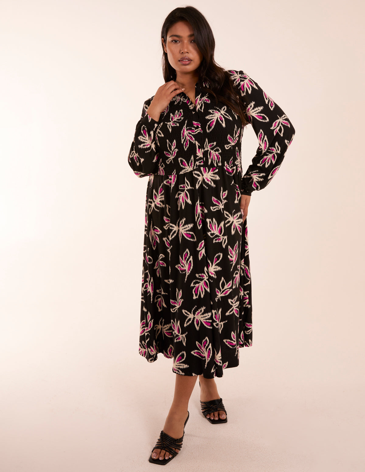 Curve Shirred Bust Long Sleeve Midi Shirt Dress 