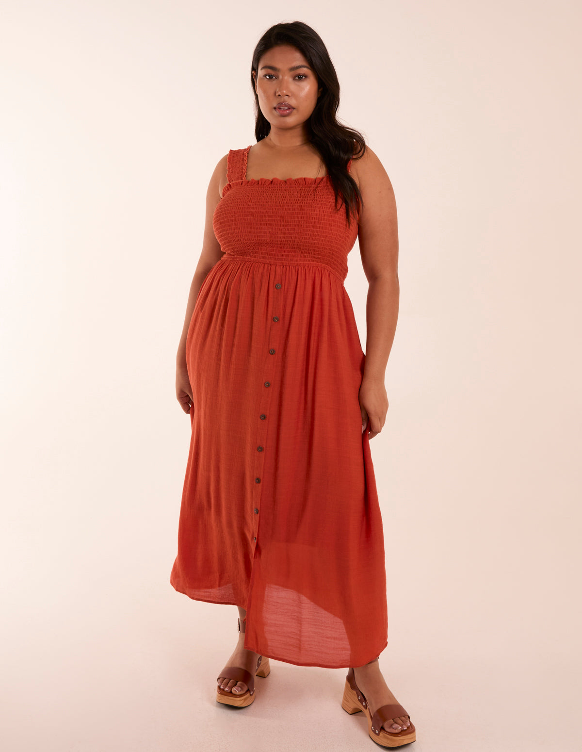 Curve Shirred Bust Button Down Midi Dress 