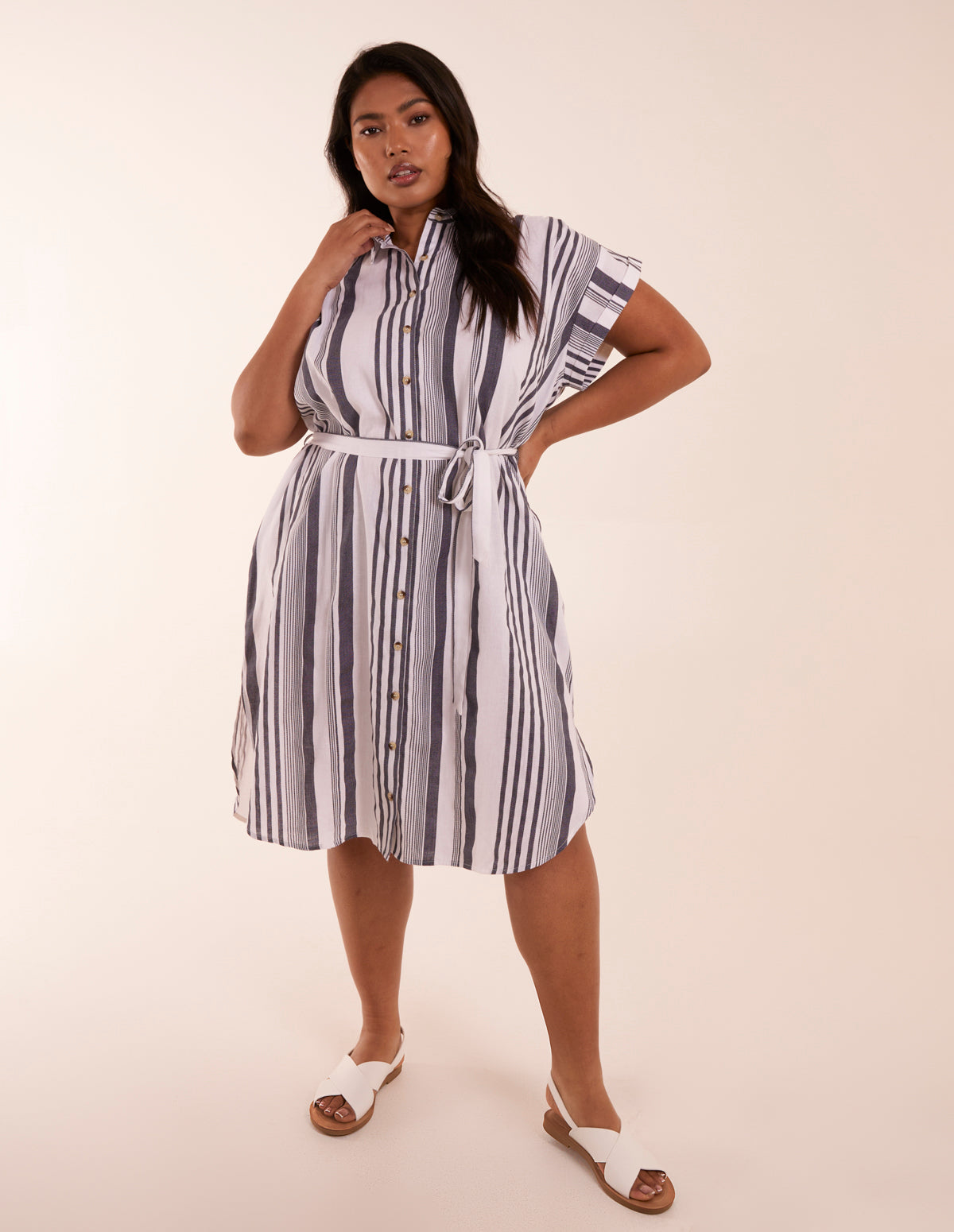 Curve Stripe Button Front Shirt Dress 